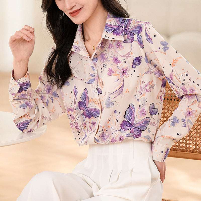 Design Sense Niche Long Sleeve Non-ironing Draping Vertical And Smooth Printed Top Shirt