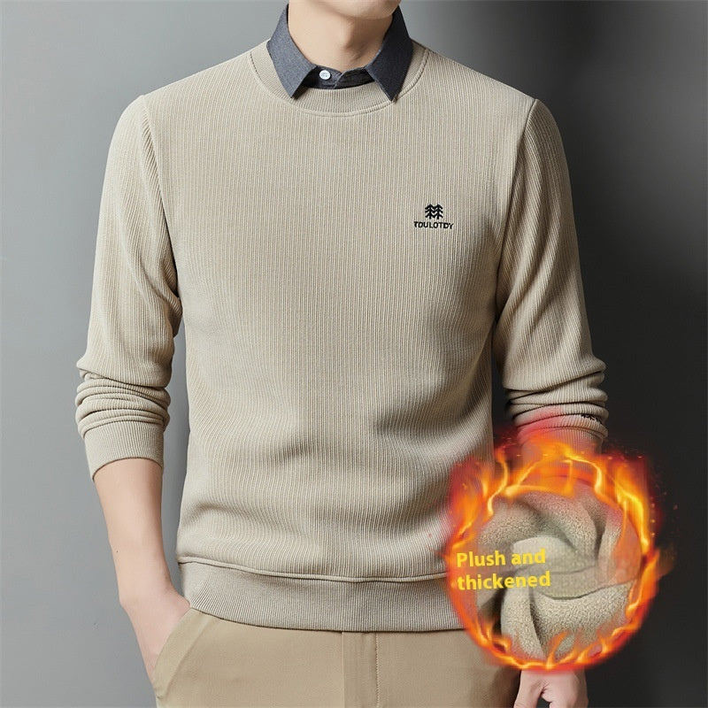 Casual Trend Men's Clothing Fleece-lined Thickened False Two-piece Sweaters