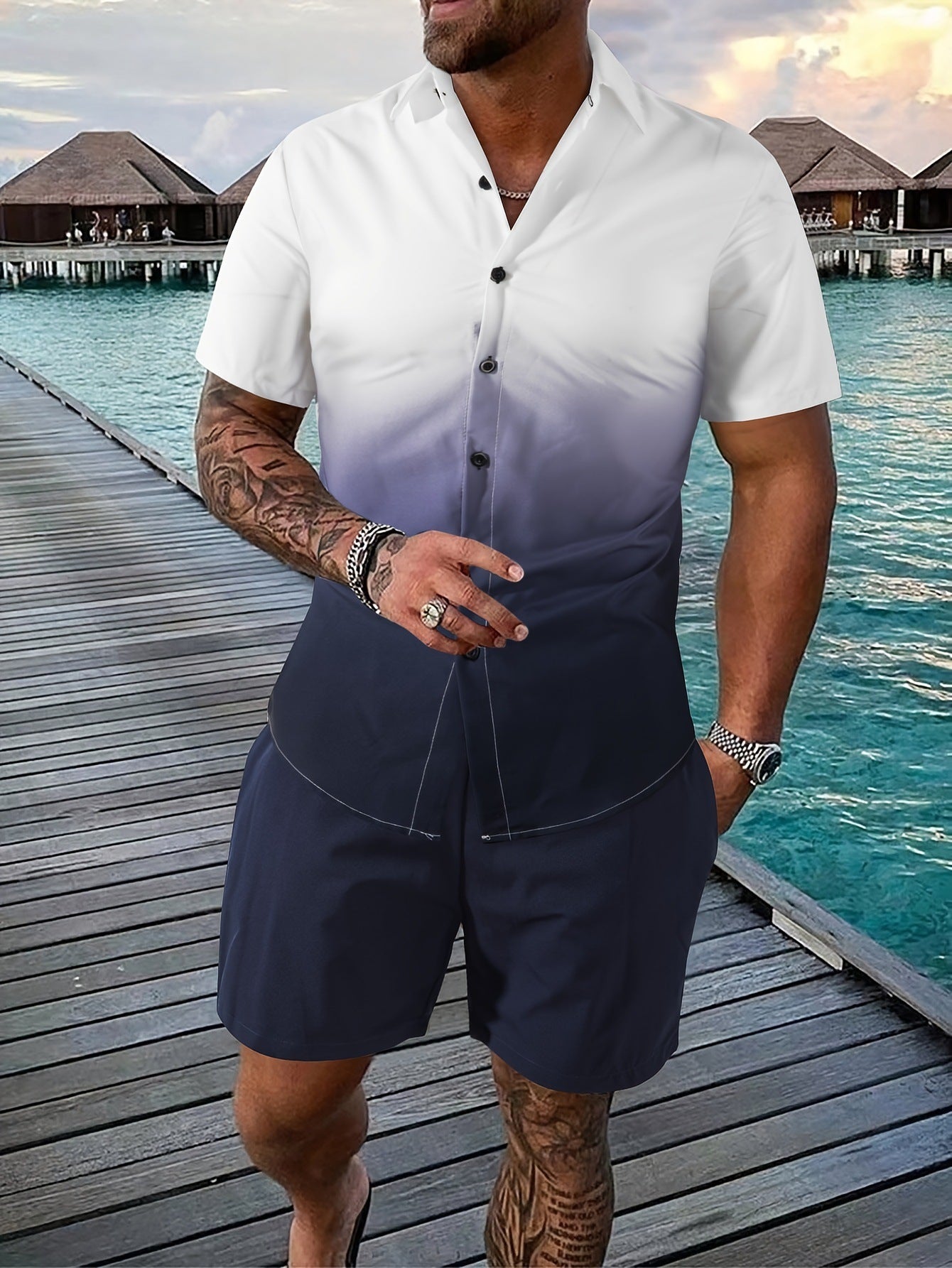 Men’s Coconut Tree 3D-Print Beach Two-Piece Set – Shirt & Shorts Vacation Outfit