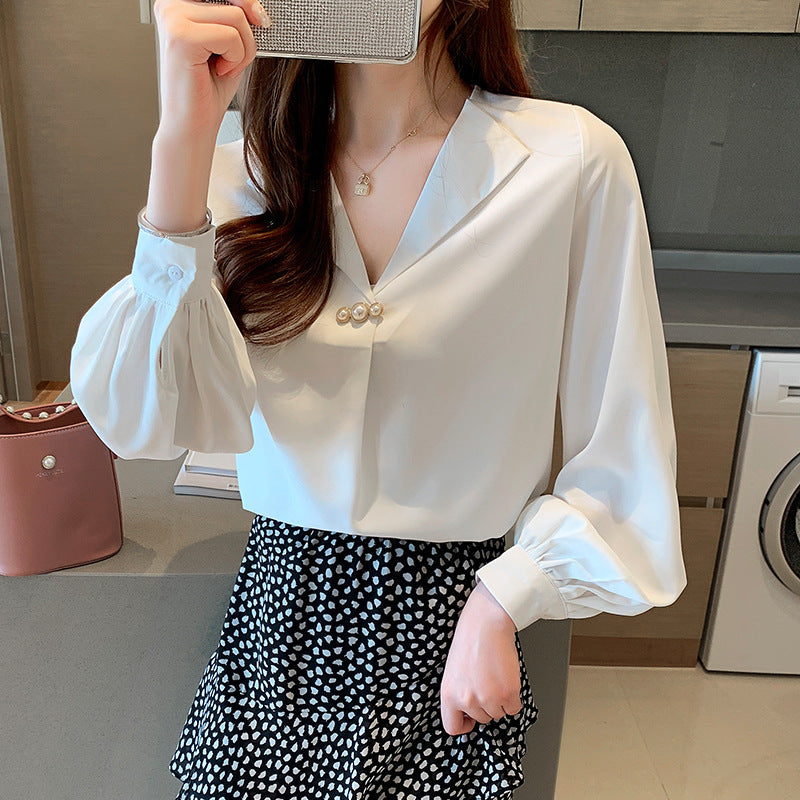Fashion Business Chiffon Temperament Wild Loose Slimming V-neck Long Sleeve Shirt