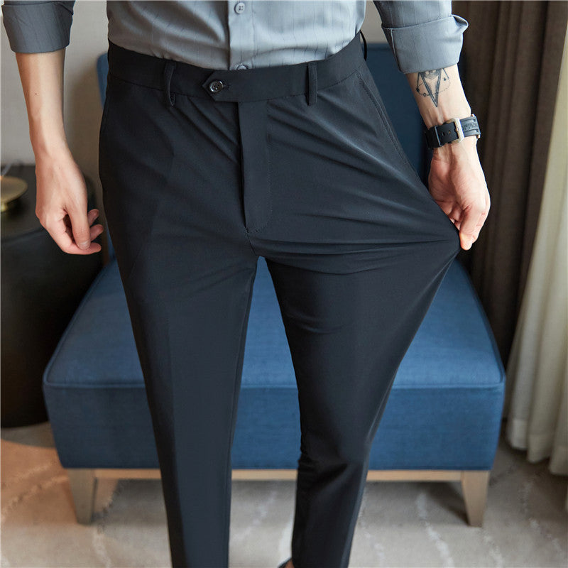Men's Ice Silk Nylon Business Casual Pants – Ultra-Stretch & Fine Grain Elegance