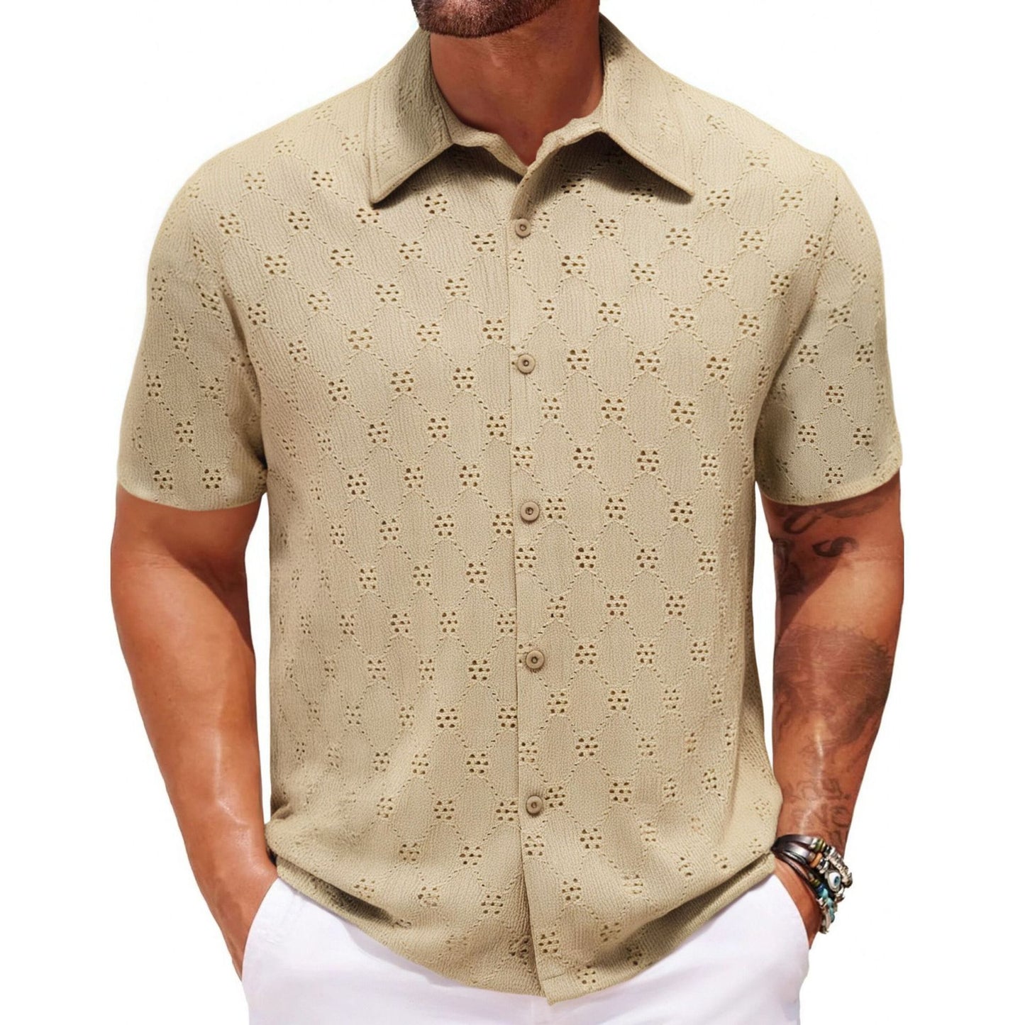 Men’s Hollow Jacquard Short-Sleeve Shirt – Breathable Summer Knit