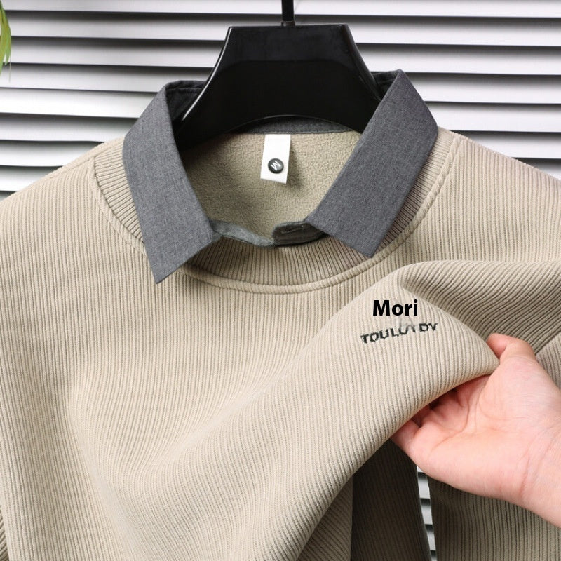 Casual Trend Men's Clothing Fleece-lined Thickened False Two-piece Sweaters