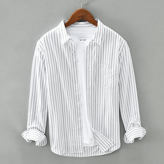 Men’s Loose Cotton Striped Long-Sleeve Shirt – Breathable & No-Iron Comfort
