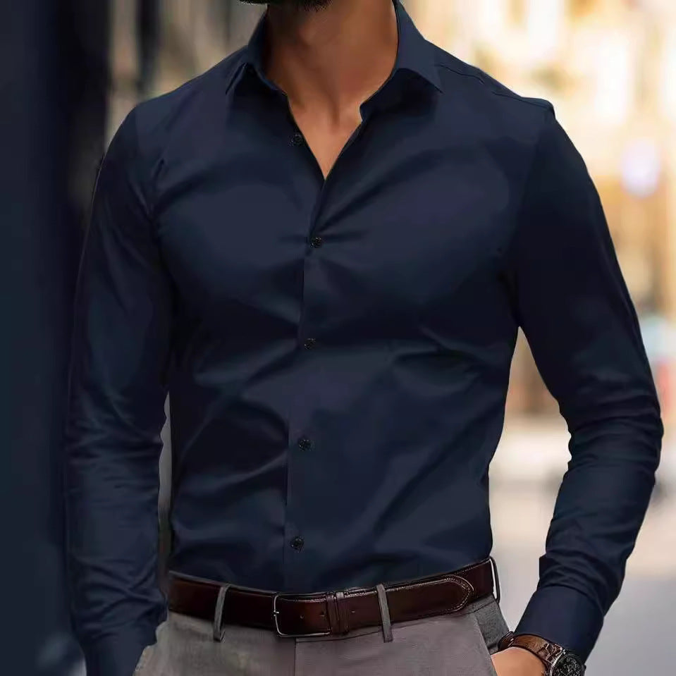 Men’s Solid-Color Long-Sleeve Lapel Business Shirt – Casual Elegance