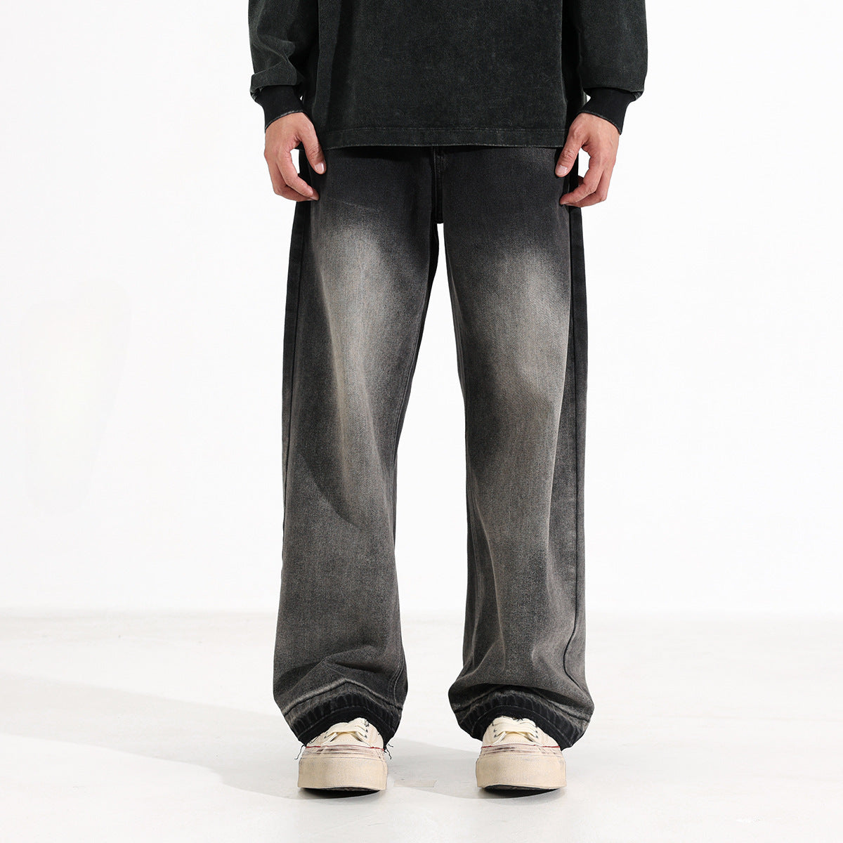 Men’s Heavy Washed American Style Wide-Leg Jeans – Black & Gray Vintage Denim