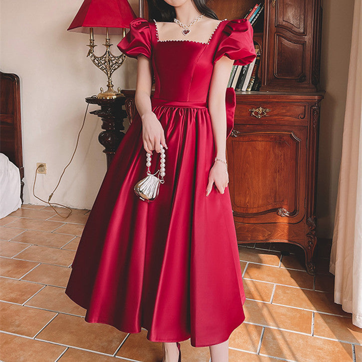 Regal Romance Puff Sleeve Pearl-Trimmed Dress – Wine Red