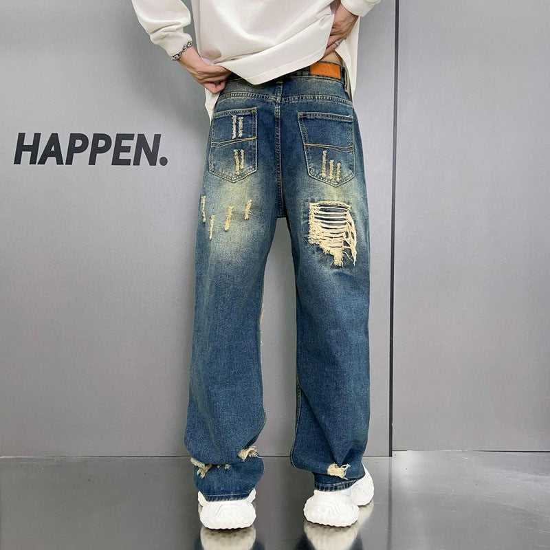 Men’s Loose Wide-Leg Washed Blue Jeans – Streetwear Comfort Redefined