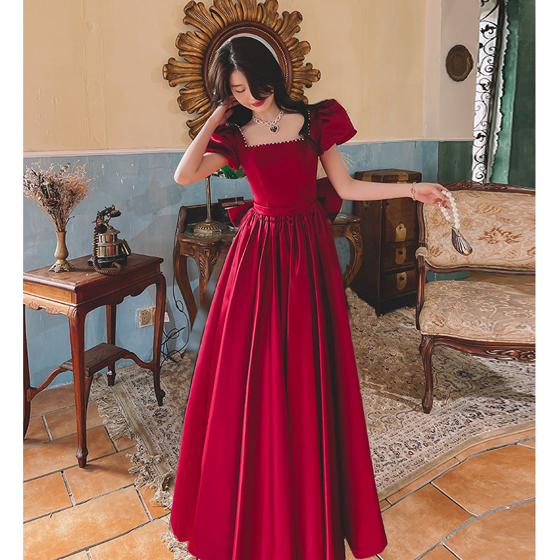 Regal Romance Puff Sleeve Pearl-Trimmed Dress – Wine Red