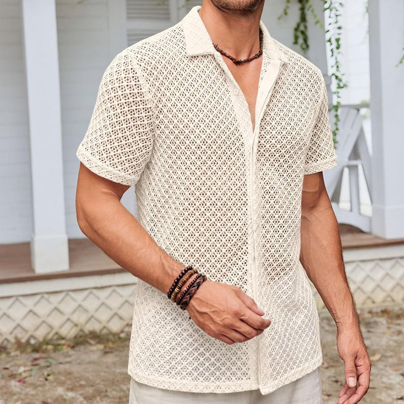 Men’s Summer Mesh Short Sleeve Shirt – Solid Color Lapel Beach Top
