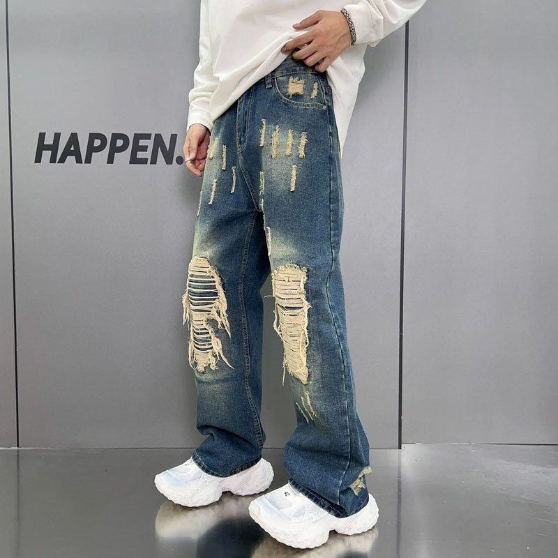 Men’s Loose Wide-Leg Washed Blue Jeans – Streetwear Comfort Redefined