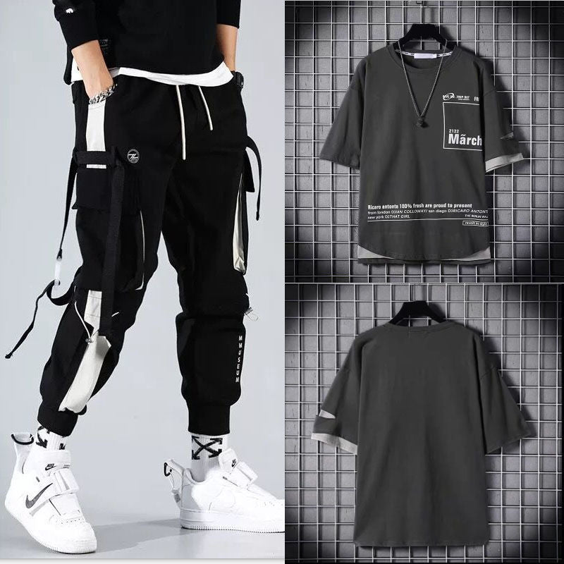 Men’s Two-Piece Hip-Hop Summer Set – Loose Overalls with Hooded Top
