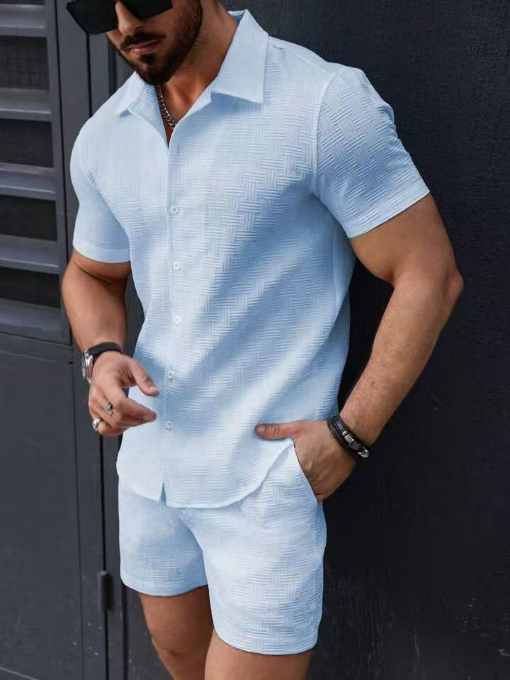 Men’s Vintage Textured Two-Piece Beach Set – Casual Short-Sleeve Shirt & Shorts