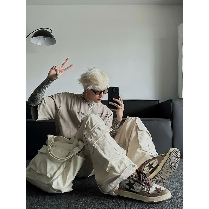Men's Beige & White Multi-Pocket Overalls – Streetwear Utility Fashion