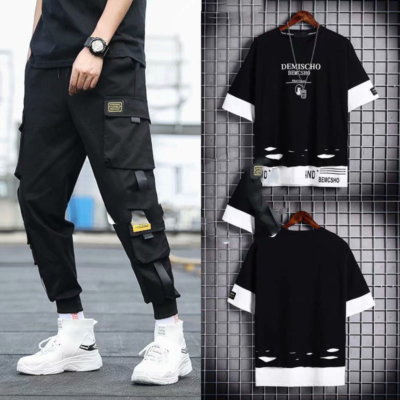 Men’s Two-Piece Hip-Hop Summer Set – Loose Overalls with Hooded Top