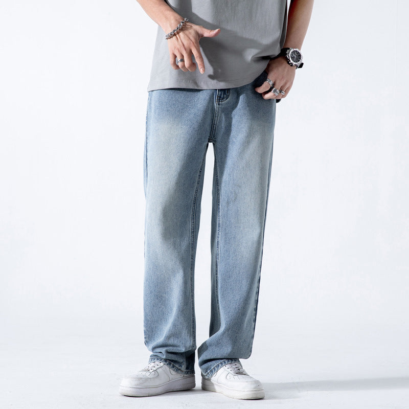 Men’s Vintage Loose Draping Wide-Leg Jeans – Washed Straight-Fit Streetwear