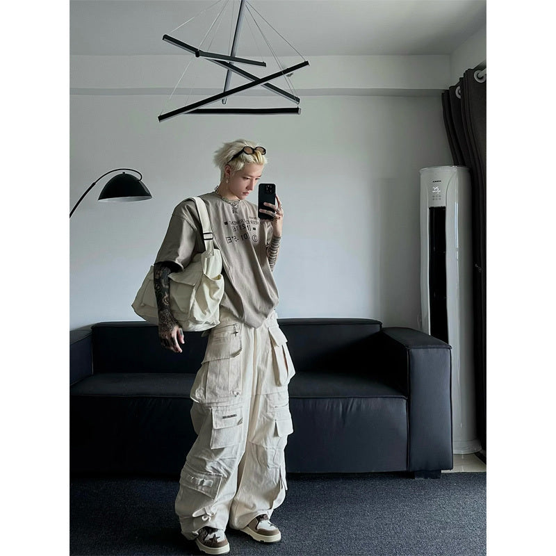 Men's Beige & White Multi-Pocket Overalls – Streetwear Utility Fashion