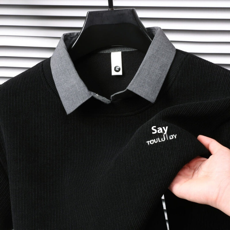 Casual Trend Men's Clothing Fleece-lined Thickened False Two-piece Sweaters