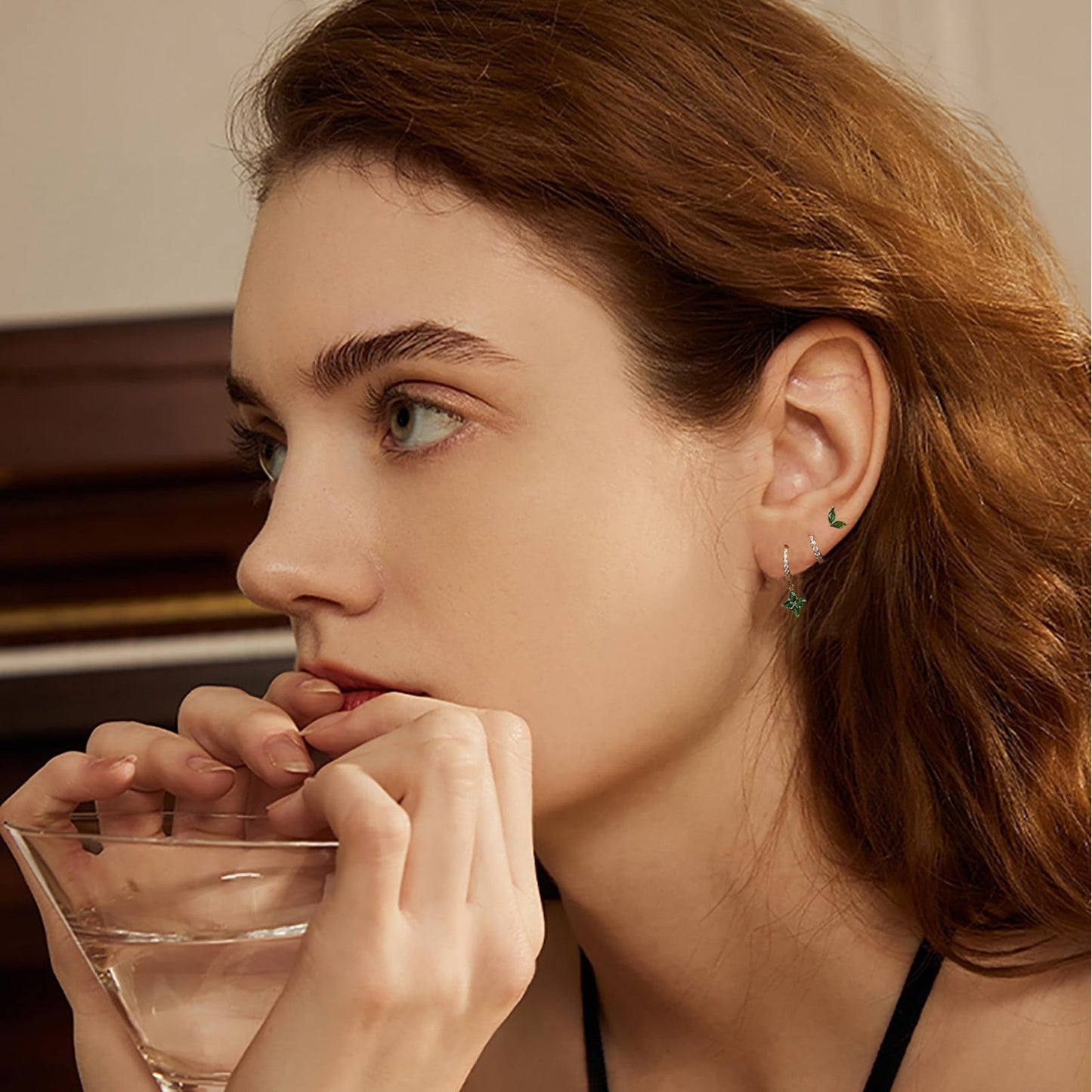 Green Inlaid Zircon Fashion Women's Earrings Three-piece Set