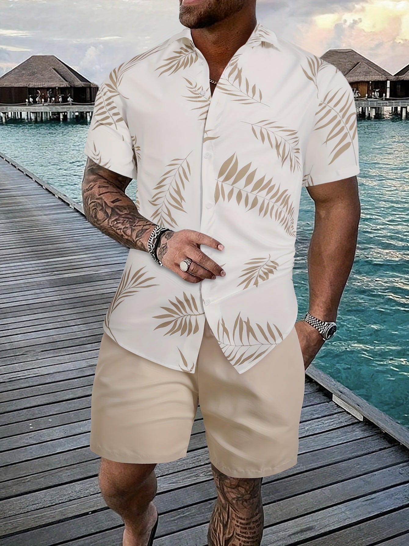 Men’s Coconut Tree 3D-Print Beach Two-Piece Set – Shirt & Shorts Vacation Outfit