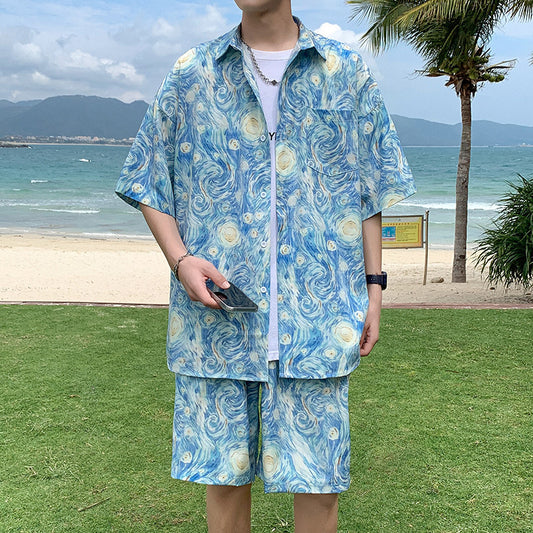 Men’s Vintage Graffiti Two-Piece Beach Outfit – Short-Sleeve Shirt & Shorts Set