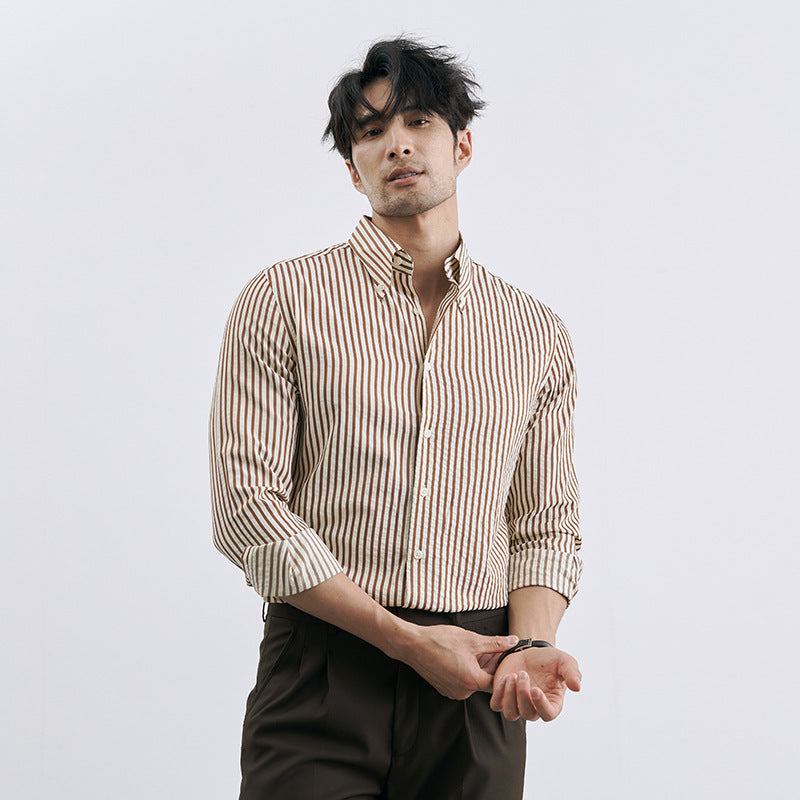 Men’s Korean-Style Vertical Stripe Business Casual Shirt – Modern Slim Fit