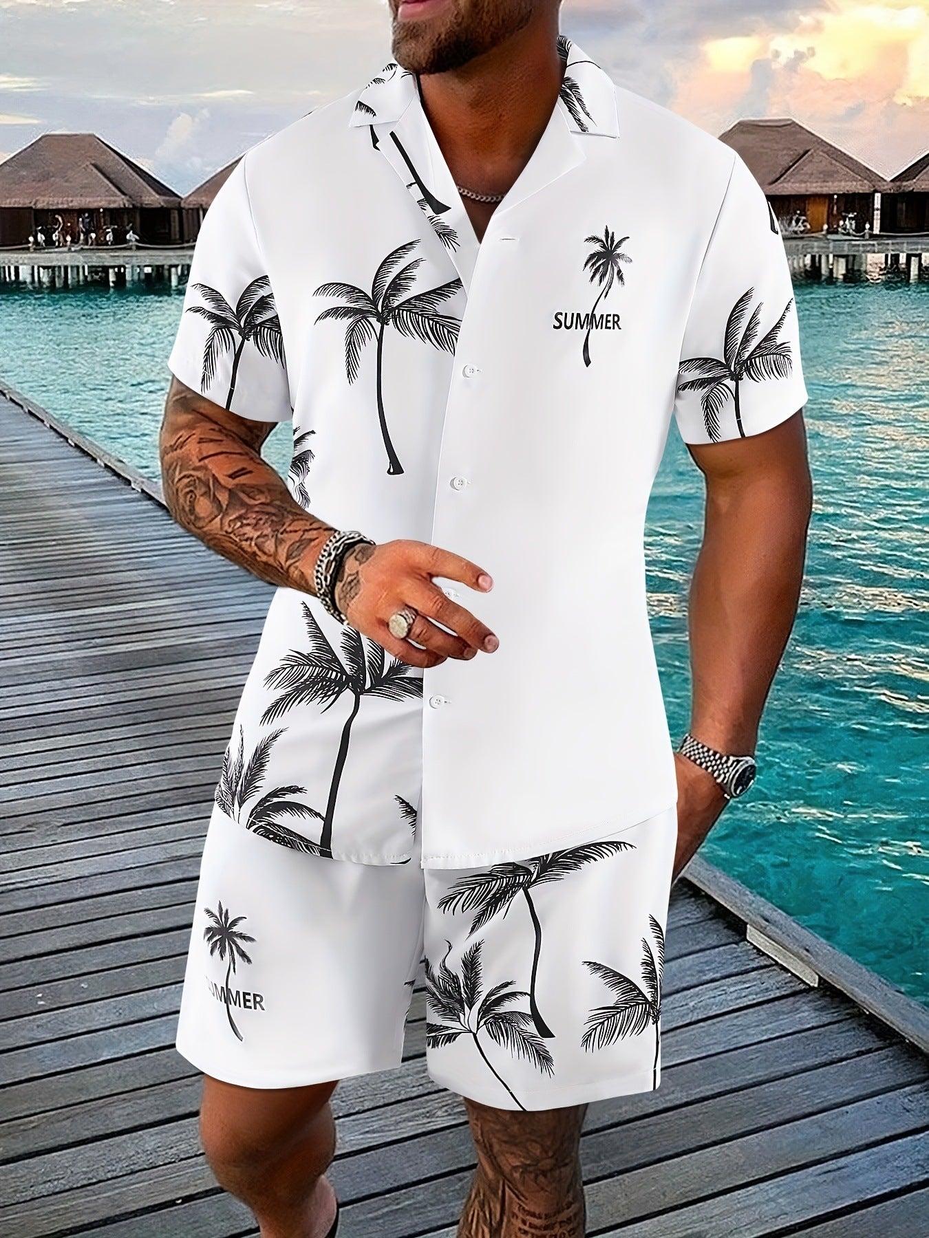 Men’s Coconut Tree 3D-Print Beach Two-Piece Set – Shirt & Shorts Vacation Outfit