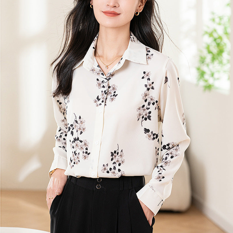 Design Sense Niche Long Sleeve Non-ironing Draping Vertical And Smooth Printed Top Shirt