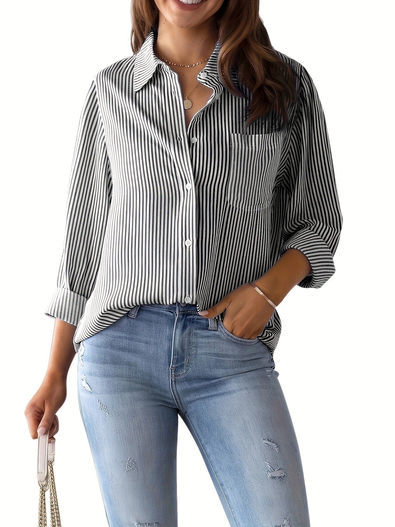 Women's Top Loose Business Casual Long Sleeved Shirt With Pockets