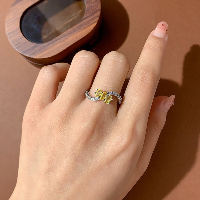 Fashionable All-match High-carbon Elegant Cube Sugar Citrine Rhinestone Ring