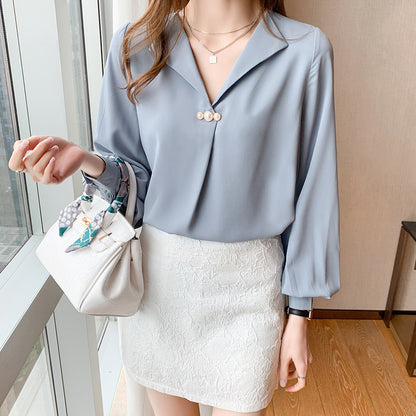 Fashion Business Chiffon Temperament Wild Loose Slimming V-neck Long Sleeve Shirt