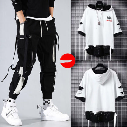 Men’s Two-Piece Hip-Hop Summer Set – Loose Overalls with Hooded Top