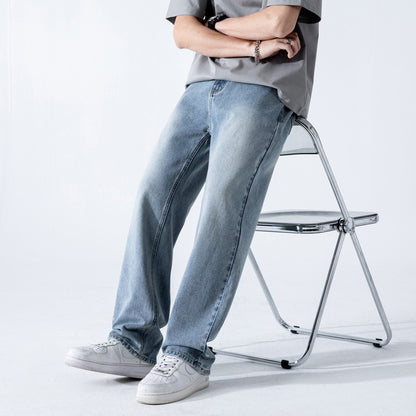 Men’s Vintage Loose Draping Wide-Leg Jeans – Washed Straight-Fit Streetwear