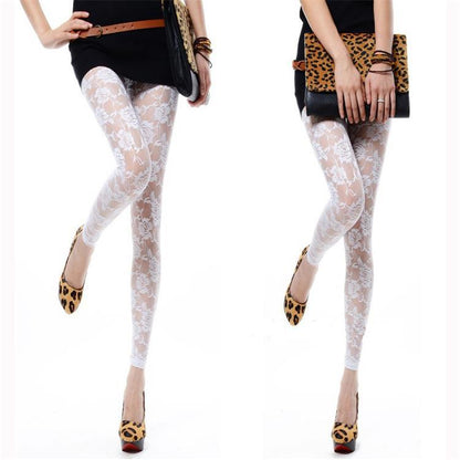 Sexy Tight Slim-fitting Ankle Length Trousers Solid Color Breathable Lace Rose Leggings