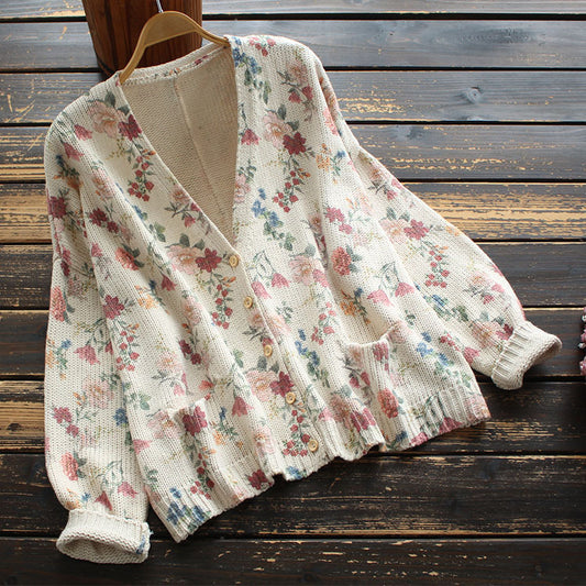 V-neck long sleeve printed knit cardigan sweater