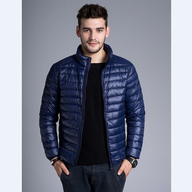 Men’s Duck Down Hooded Jacket – Slim Fit Colorblock Winter Coat with Lapel Collar