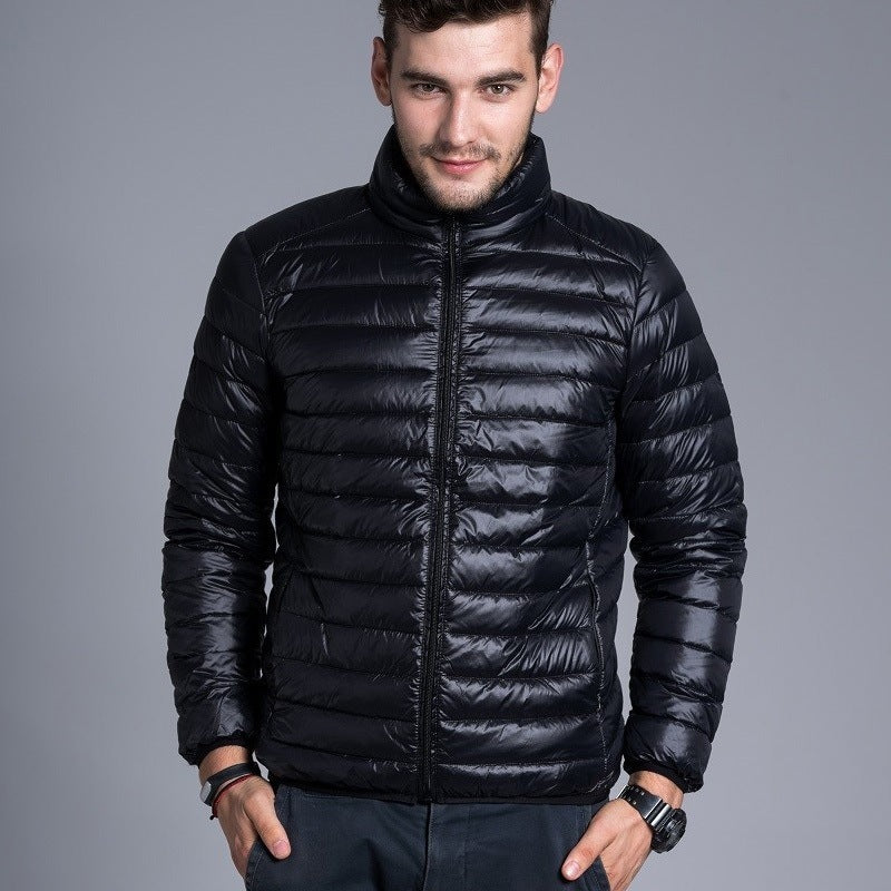 Men’s Duck Down Hooded Jacket – Slim Fit Colorblock Winter Coat with Lapel Collar
