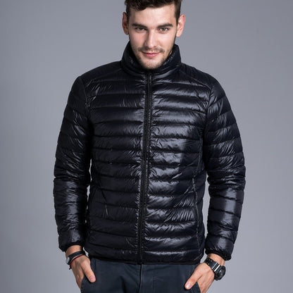 Men’s Duck Down Hooded Jacket – Slim Fit Colorblock Winter Coat with Lapel Collar