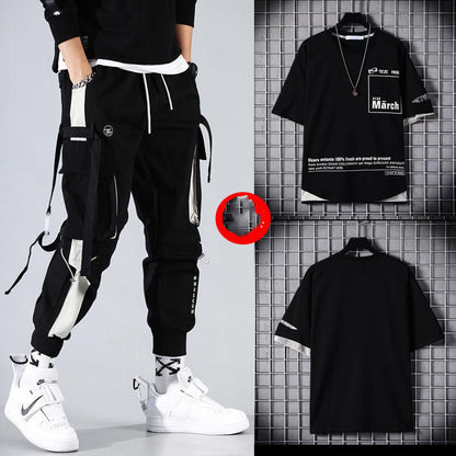 Men’s Two-Piece Hip-Hop Summer Set – Loose Overalls with Hooded Top