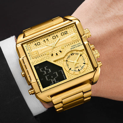 BOAMICO Dual-Time Luxury Watch – Gold Steel Square Dial | Waterproof Sports Watch