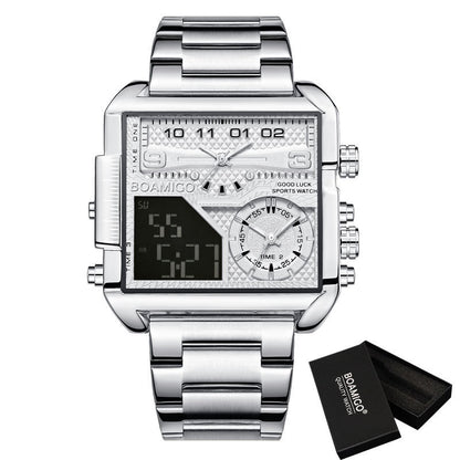 BOAMICO Dual-Time Luxury Watch – Gold Steel Square Dial | Waterproof Sports Watch