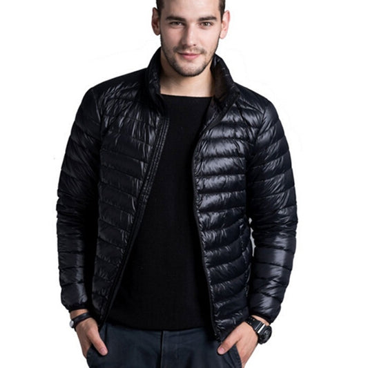 Men’s Duck Down Hooded Jacket – Slim Fit Colorblock Winter Coat with Lapel Collar