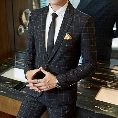 Men's Korean-style Business Suit Slim-fit Plaid Casual Wear