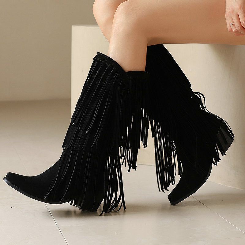 Women's High Boots Autumn And Winter Suede High Heel Tassel Boots Below The Knee