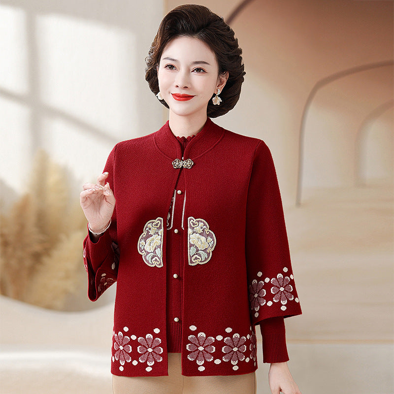 Middle-aged And Elderly Women's Knitting Sweater Cardigan Autumn And Winter Two-piece Set