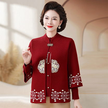 Middle-aged And Elderly Women's Knitting Sweater Cardigan Autumn And Winter Two-piece Set