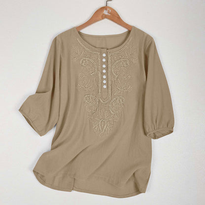 Artistic Retro Loose Design Embroidered Crew Neck Thin Cotton And Linen Women's Top