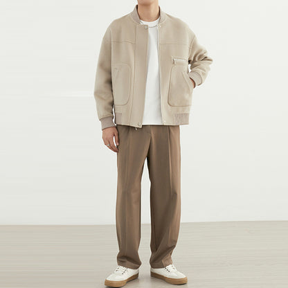 Men’s Short Woolen Baseball-Style Jacket – Classic Wool Blend Bomber Coat