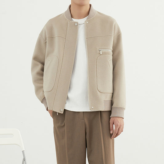 Men’s Short Woolen Baseball-Style Jacket – Classic Wool Blend Bomber Coat
