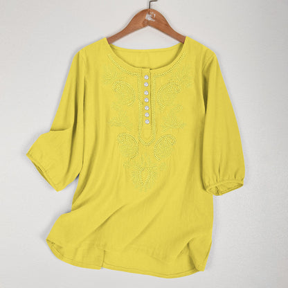 Artistic Retro Loose Design Embroidered Crew Neck Thin Cotton And Linen Women's Top